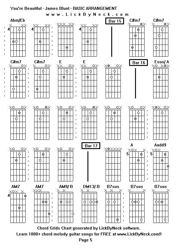 Chord Grids Chart of chord melody fingerstyle guitar song-You're Beautiful - James Blunt - BASIC ARRANGEMENT,generated by LickByNeck software.